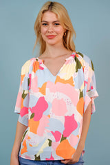 Printed Notched Neck Half Sleeve Blouse