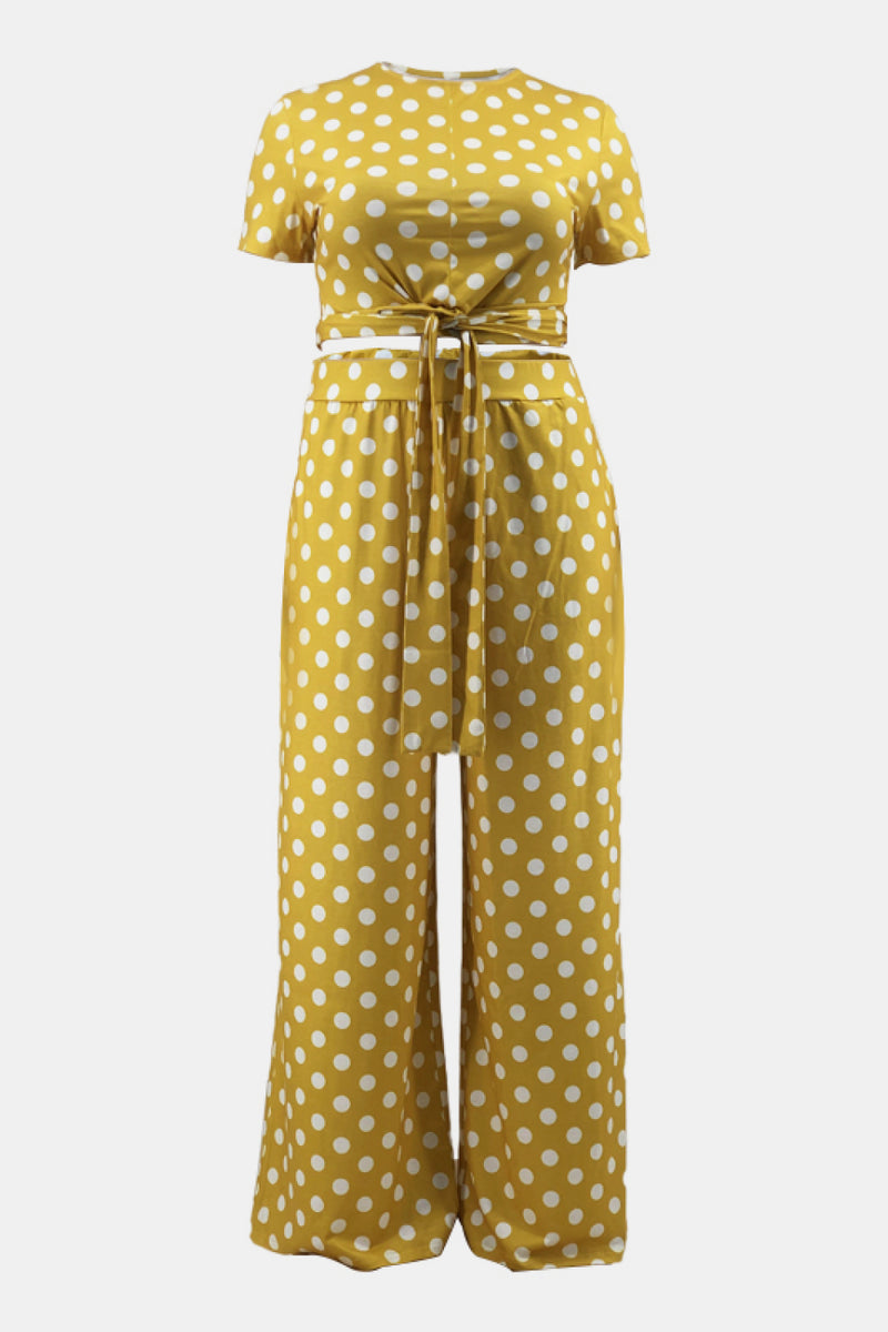 Plus Size Polka Dot Short Sleeve Top and Wide Leg Pants Set