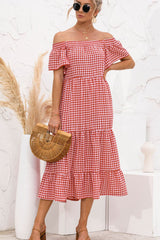 Plaid Off-Shoulder Tiered Midi Dress