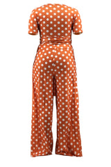 Plus Size Polka Dot Short Sleeve Top and Wide Leg Pants Set