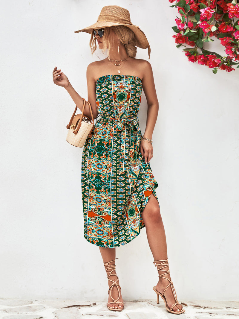 Printed Strapless Tie Belt Dress