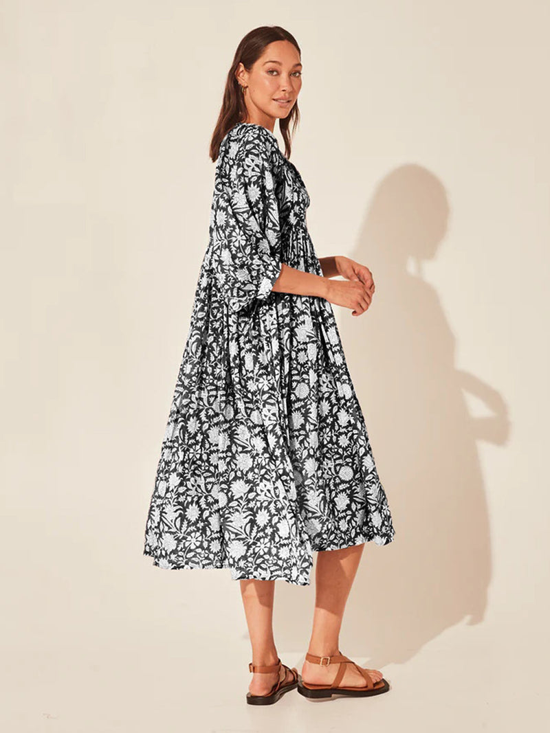 Floral Tie Neck Lantern Sleeve Dress