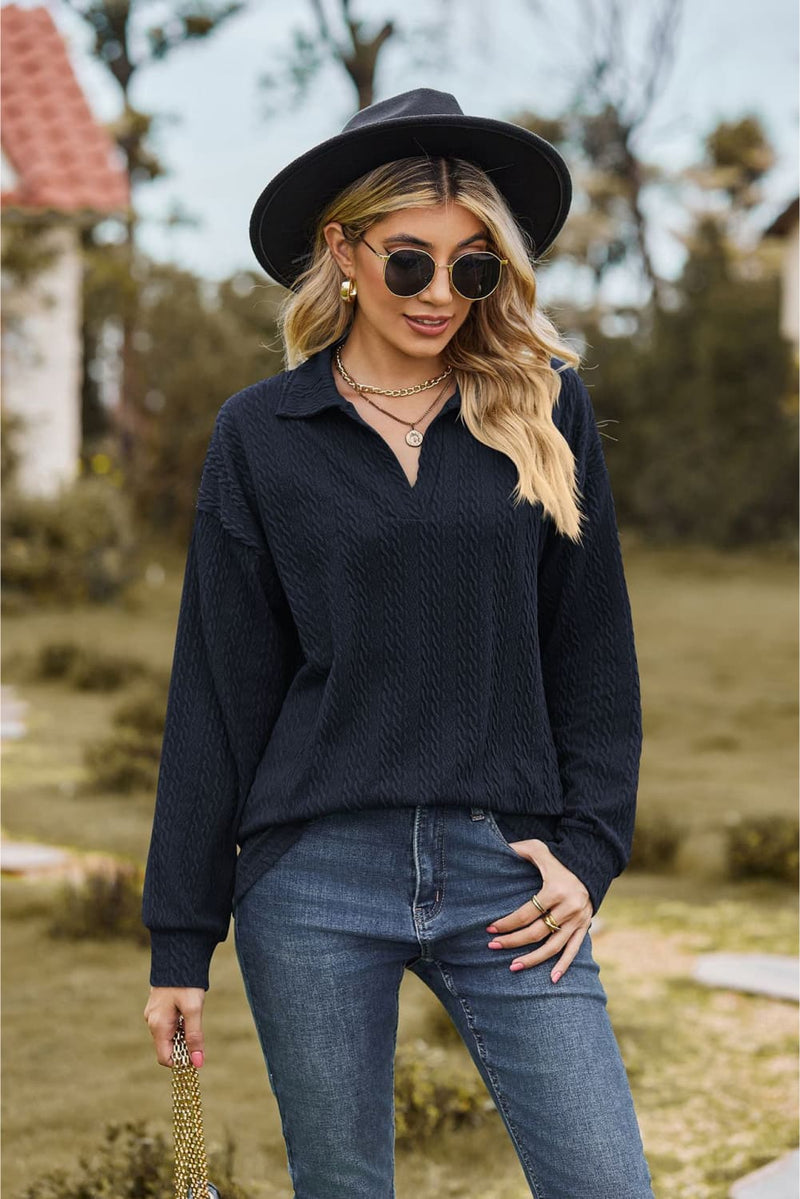 Collared Neck Cable-Knit Long Sleeve Blouse