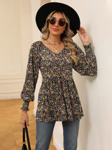 Printed V-Neck Lantern Sleeve Blouse