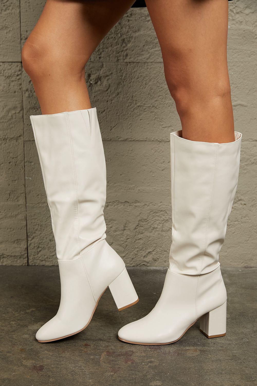 Block Heel Knee High Boots in White