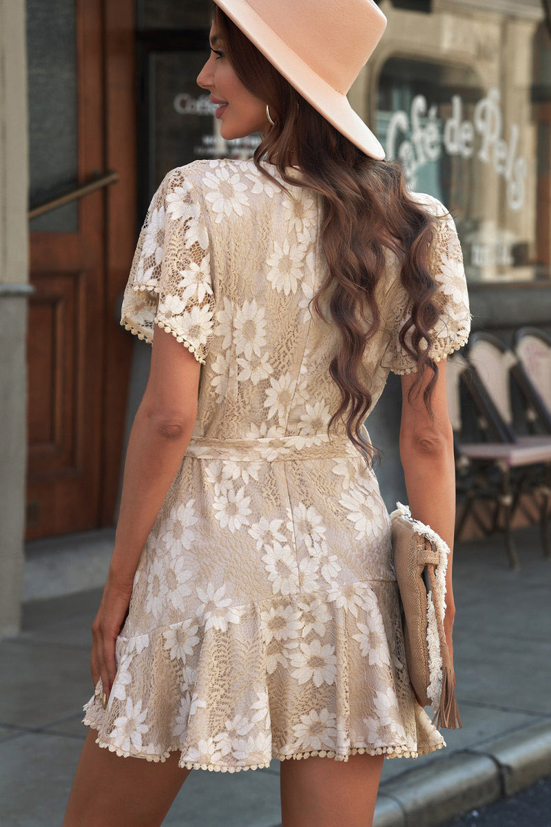 Floral Lace Pompom Detail Tie-Waist Flutter Sleeve Dress