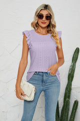 Smocked Round Neck Eyelet Top