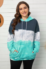 Plus Size Tie-Dye Color Block Tunic Hoodie with Kangaroo Pocket