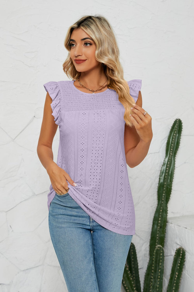 Smocked Round Neck Eyelet Top