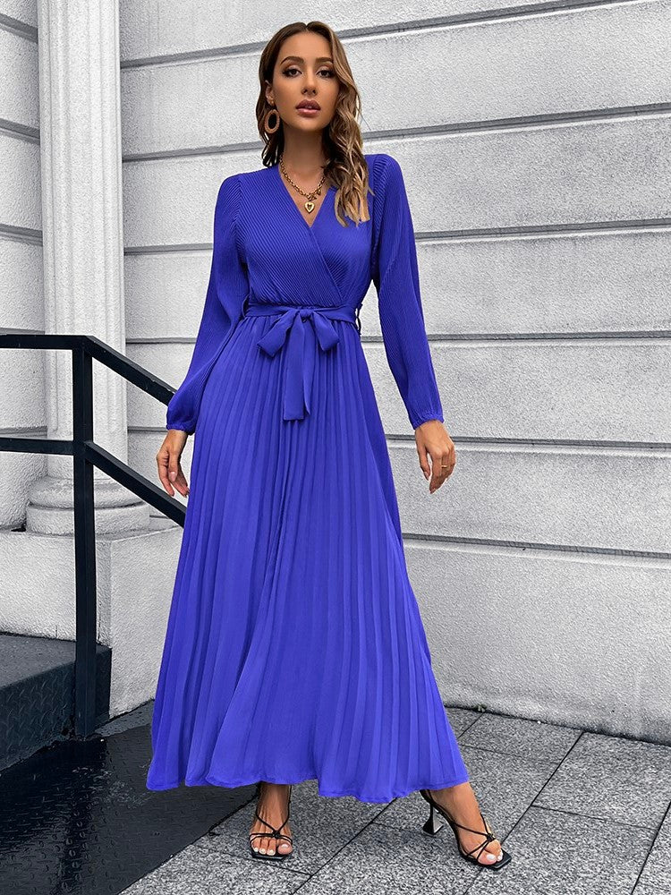 V-Neck Tie Waist Pleated Maxi Dress