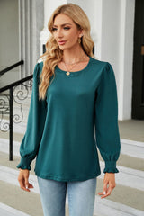 Round Neck Smocked Flounce Sleeve Blouse