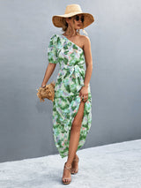 Printed Tie Waist One Shoulder Maxi Dress