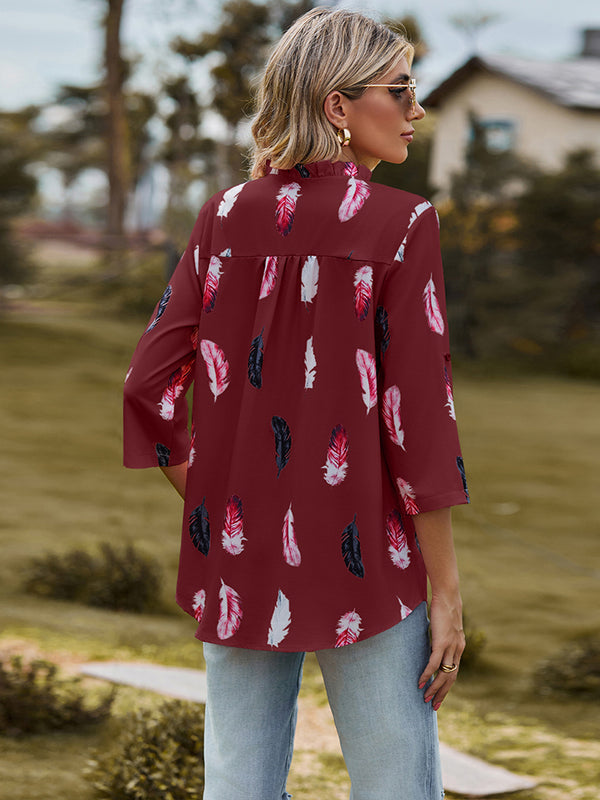 Printed Roll-Tab Sleeve Notched Neck Blouse