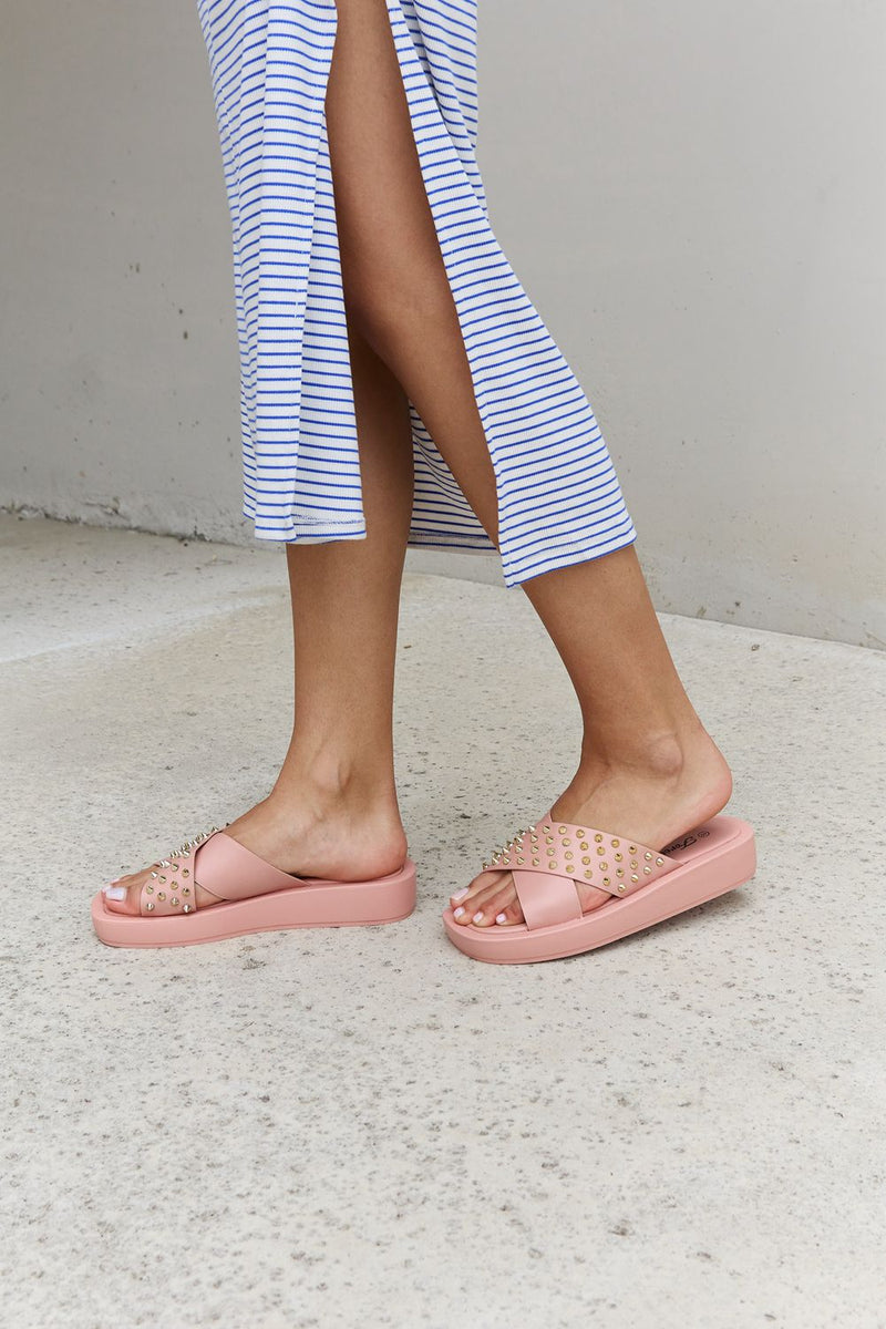 Studded Cross Strap Sandals in Blush