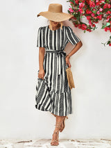 Striped Tie Belt Round Neck Puff Sleeve Dress