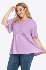 Plus Size Buttoned V-Neck Frill Trim Babydoll Blouse