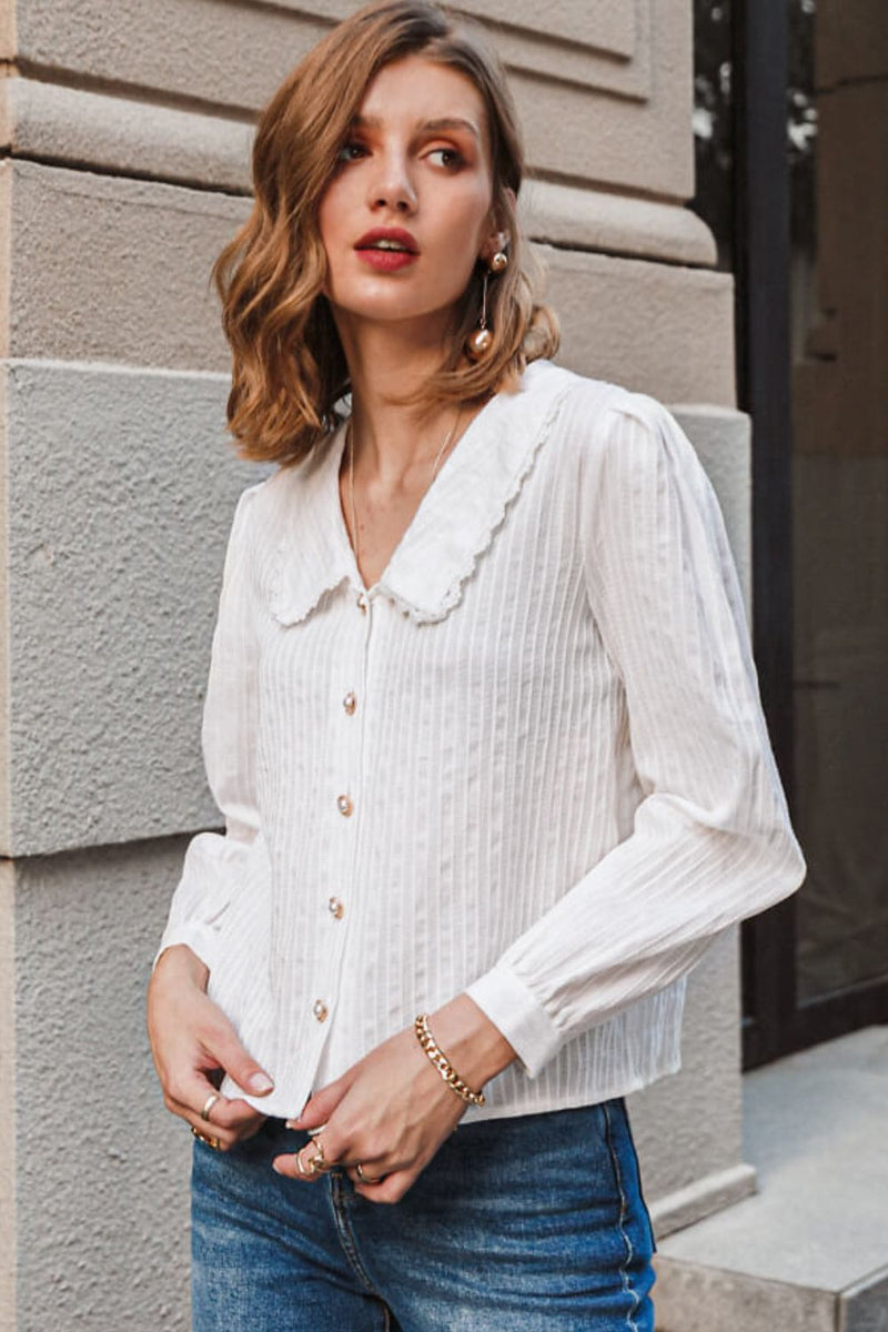 Lace Trim Button Front Puff Sleeve Shirt