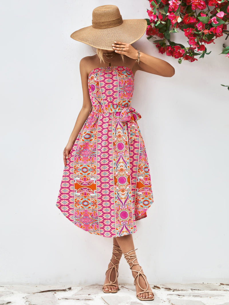 Printed Strapless Tie Belt Dress