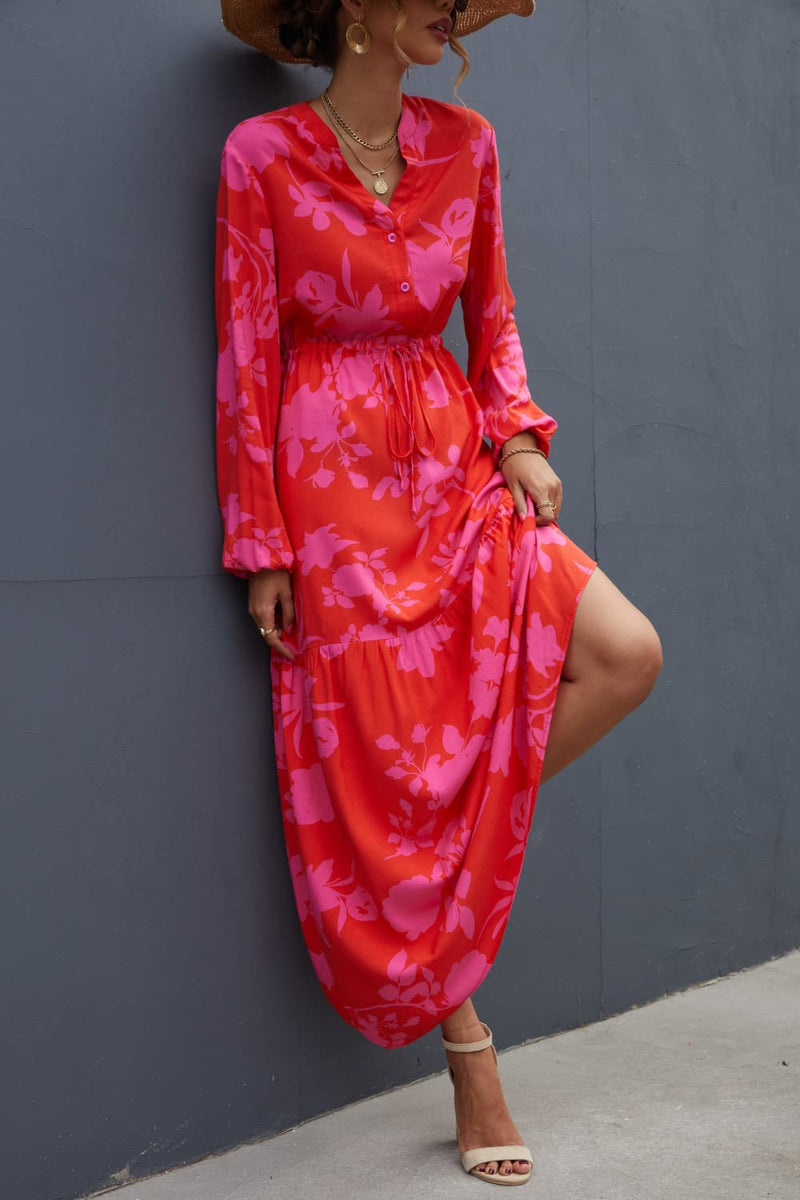 Floral Drawstring Waist Long Sleeve Dress