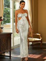 Sequin Strapless Sweetheart Neck Maxi Dress