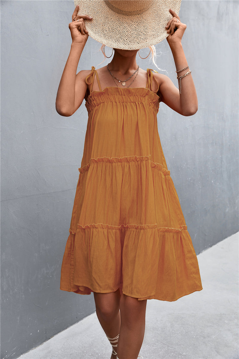 Tie-Shoulder Frill Trim Sleeveless Dress