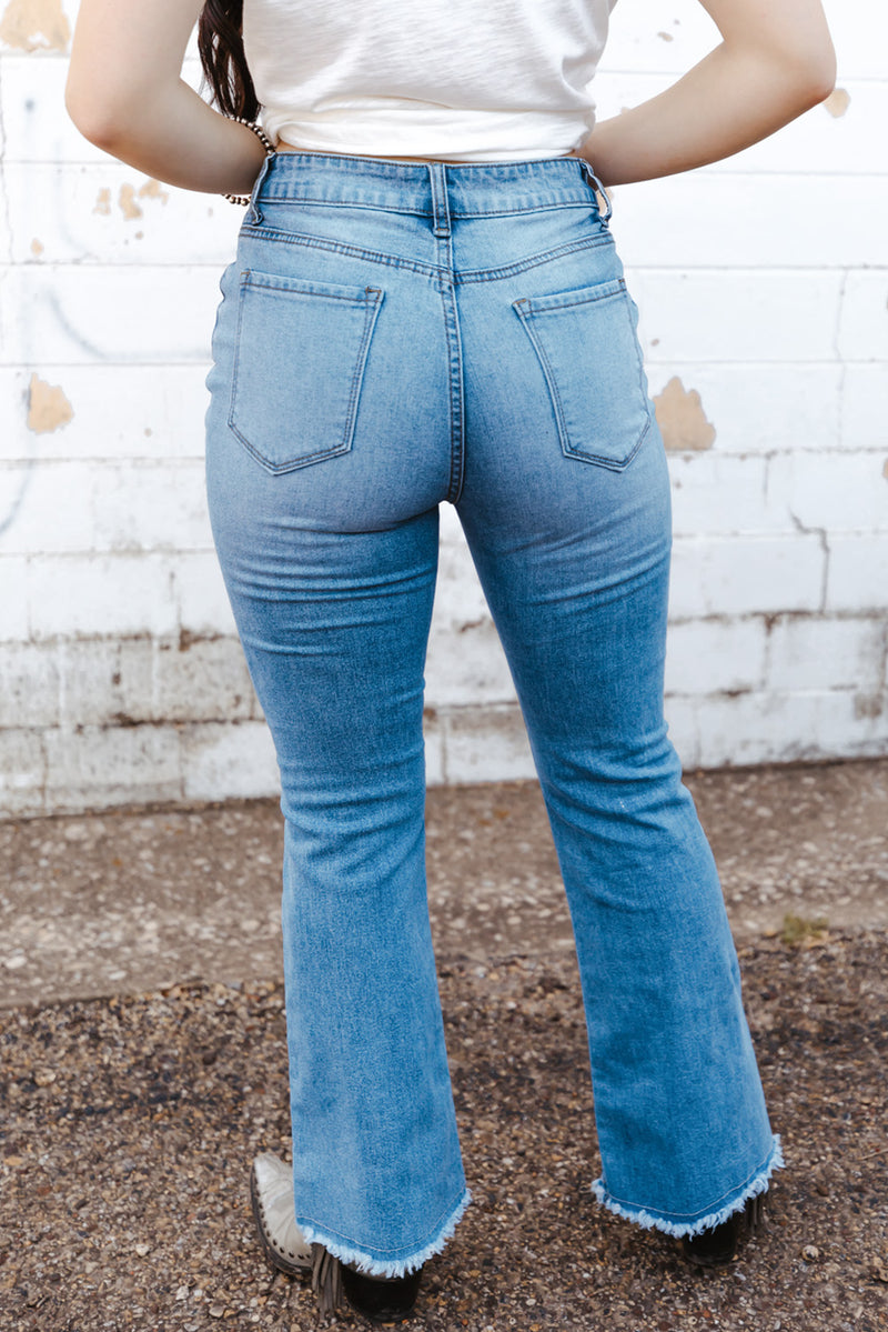 Seam Detail Raw Hem High Waist Flare Jeans