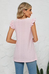 Smocked Round Neck Eyelet Top