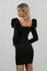 Ruffle Shoulder Lace-Up Ruched Bodycon Dress