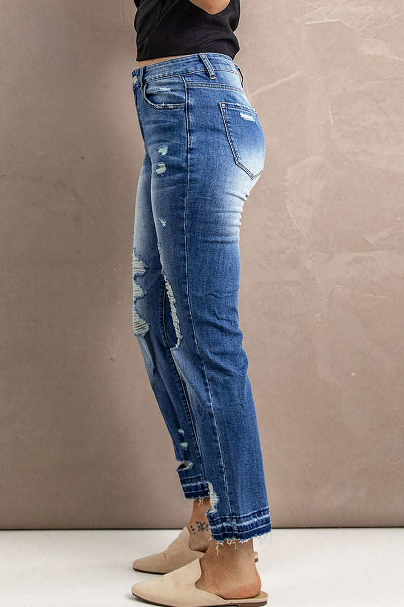 Straight Leg Distressed High Waist Jeans