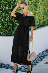 Tie Front Off-Shoulder Belted Tiered Maxi Dress