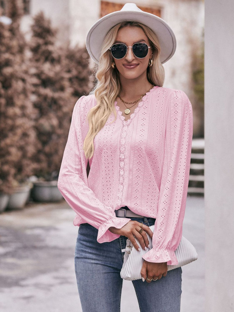 Eyelet V-Neck Flounce Sleeve Blouse