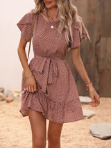 Printed Tie-Waist Petal Sleeve Ruffle Hem Dress