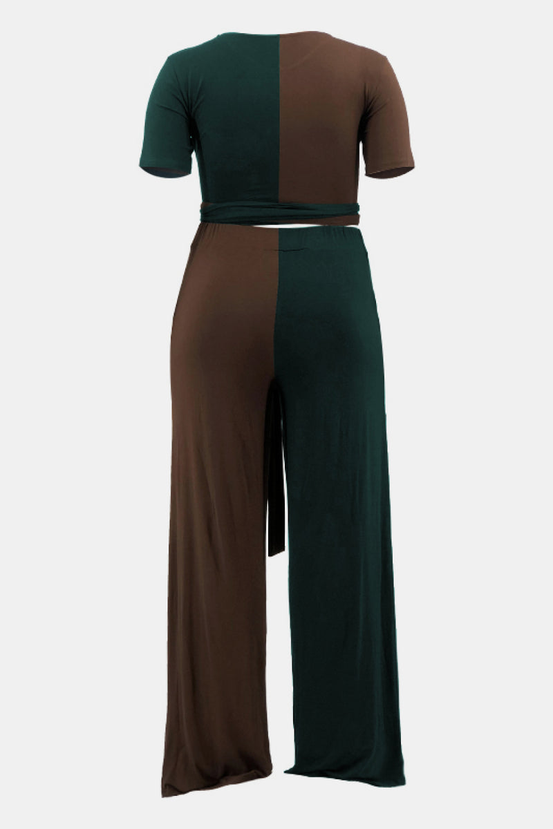 Plus Size Two-Tone Tie Front Top and Pants Set with Pockets