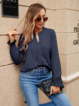 Pleated Notched Neck Flounce Sleeve Blouse