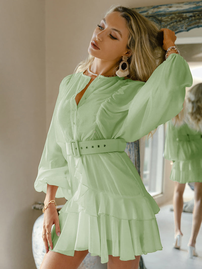 Belted Button Front Ruffled Balloon Sleeve Layered Dress