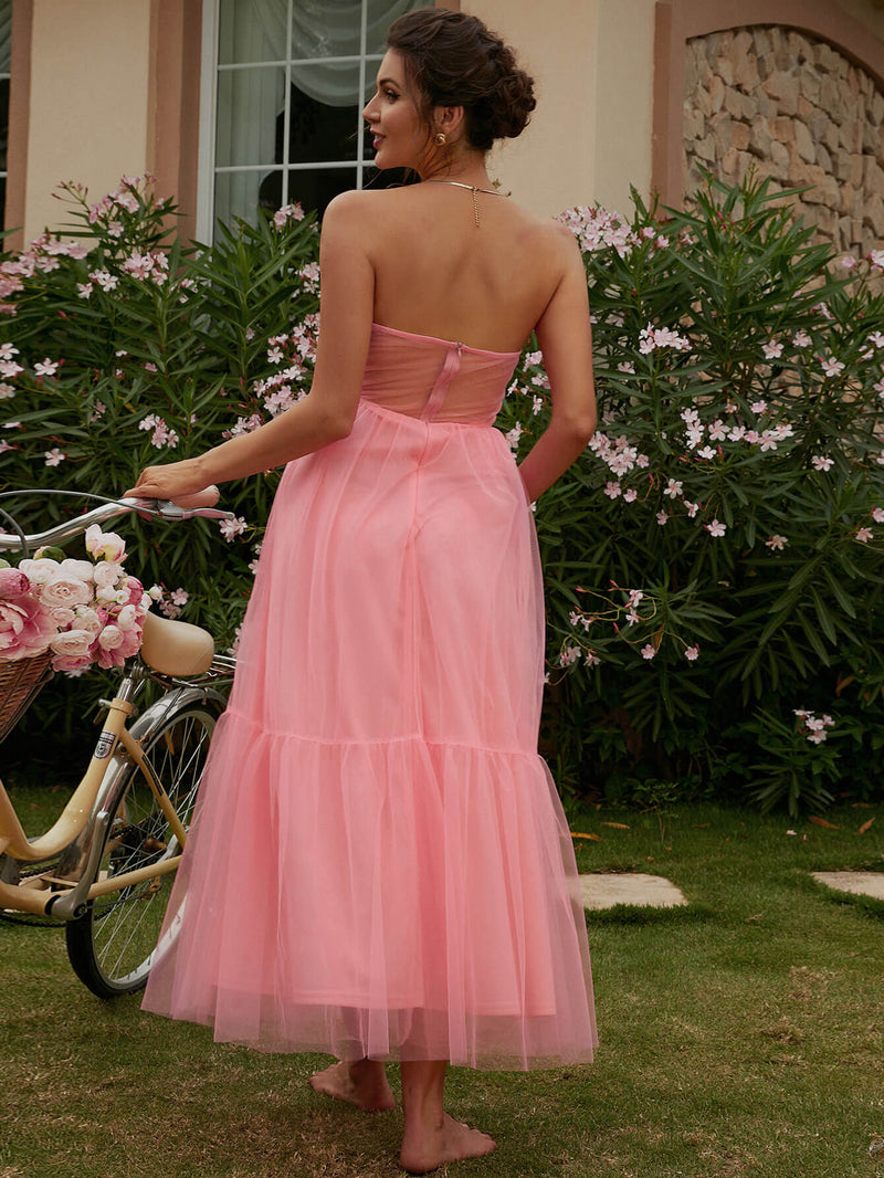 Strapless Sweetheart Neck Tulle Tiered Maxi Dress
