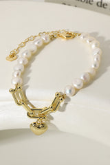 14K Gold Plated Heart Charm Pearl Bracelet