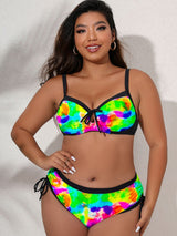 Plus Size Tie-Dye Tied Contrast Trim Bikini Set