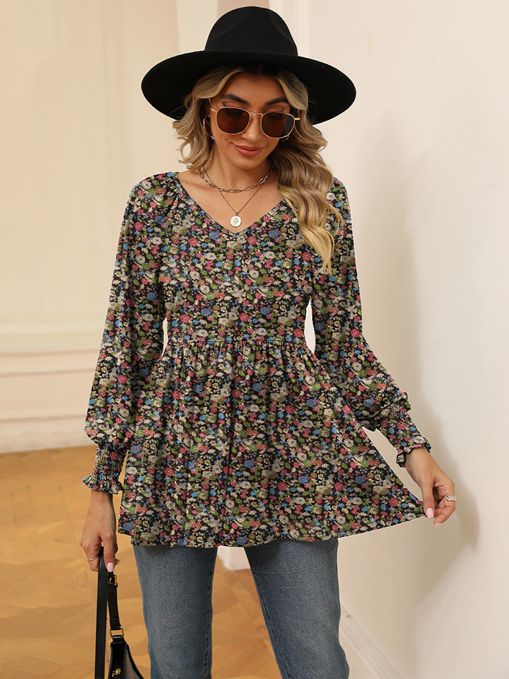 Printed V-Neck Lantern Sleeve Blouse