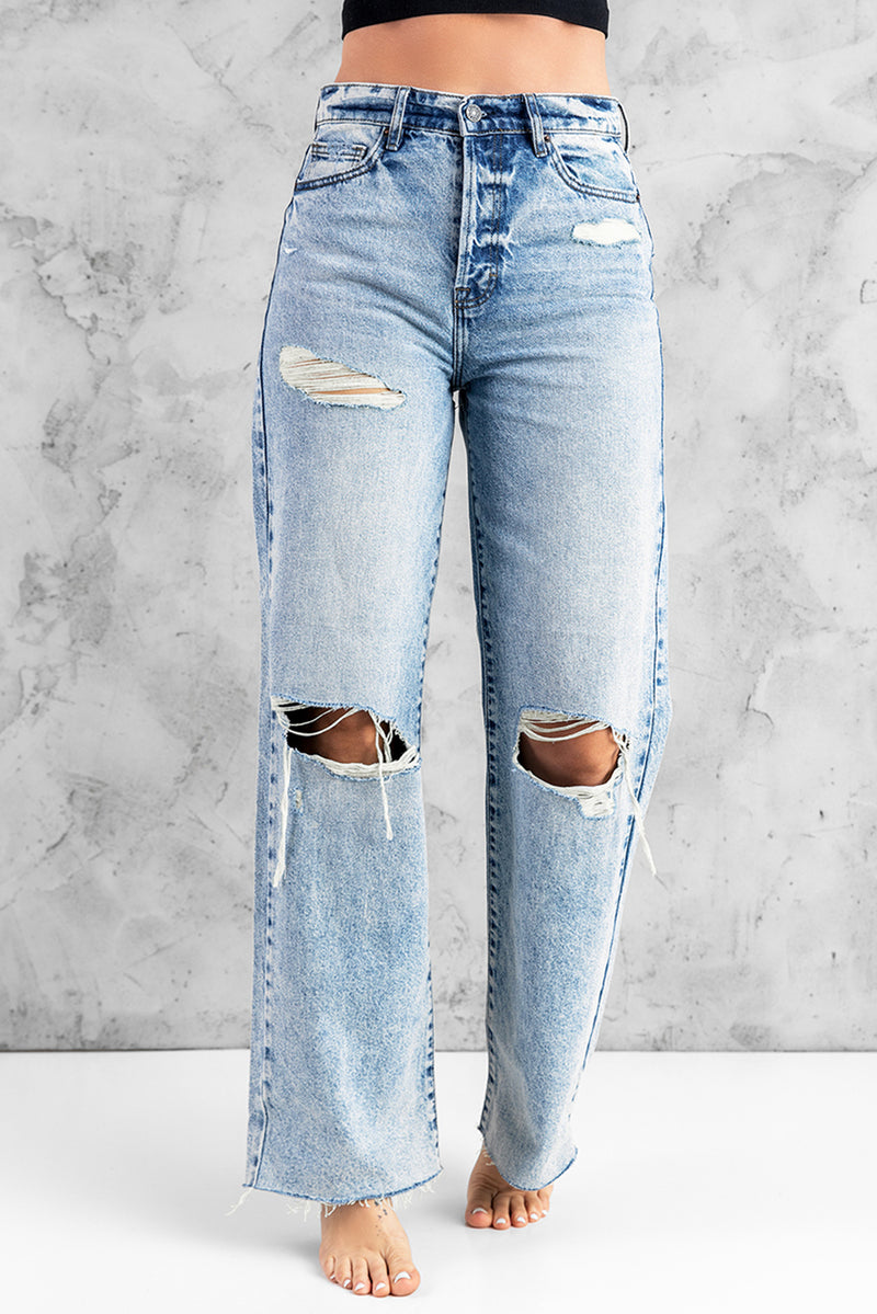 Distressed Raw Hem Wide Leg Jeans