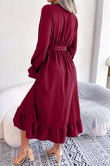 Contrast Belted Flounce Sleeve Dress