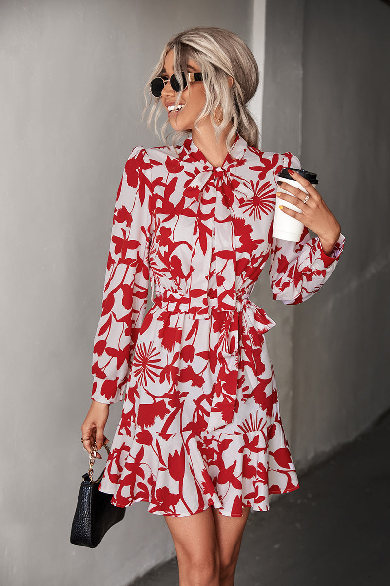 Floral Tie Neck Belted Puff Sleeve Dress