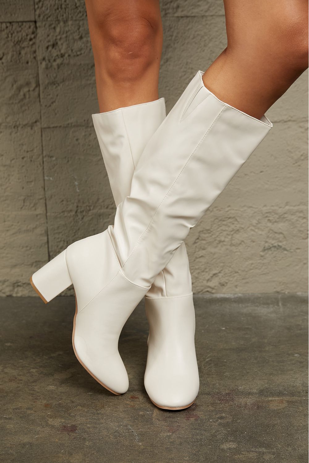 Block Heel Knee High Boots in White