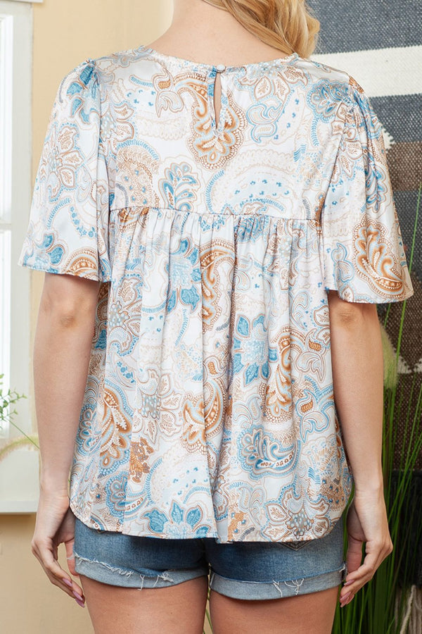 Printed Round Neck Short Sleeve Blouse