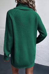 Turtleneck Raglan Sleeve Rib-Knit Dress with Pockets