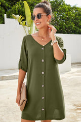 Buttoned V-Neck Dress