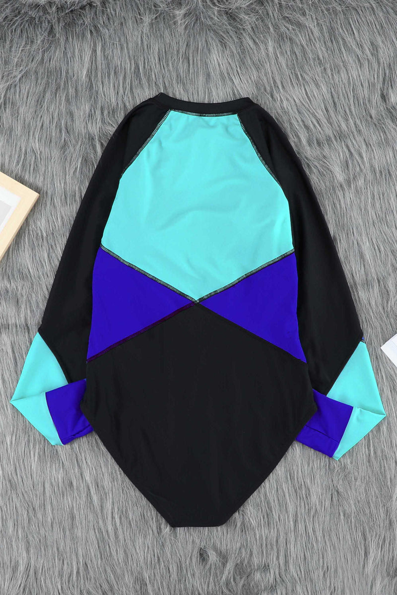 Color Block Half Zip Long Sleeve One-Piece Swimsuit
