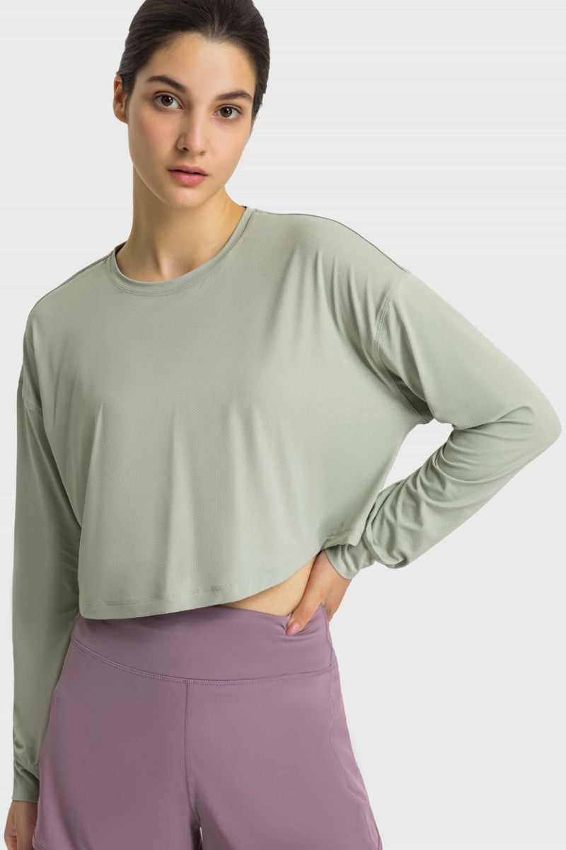 Dropped Shoulder Round Neck Cropped Sports Top