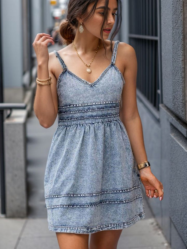 V-Neck Sleeveless Denim Dress