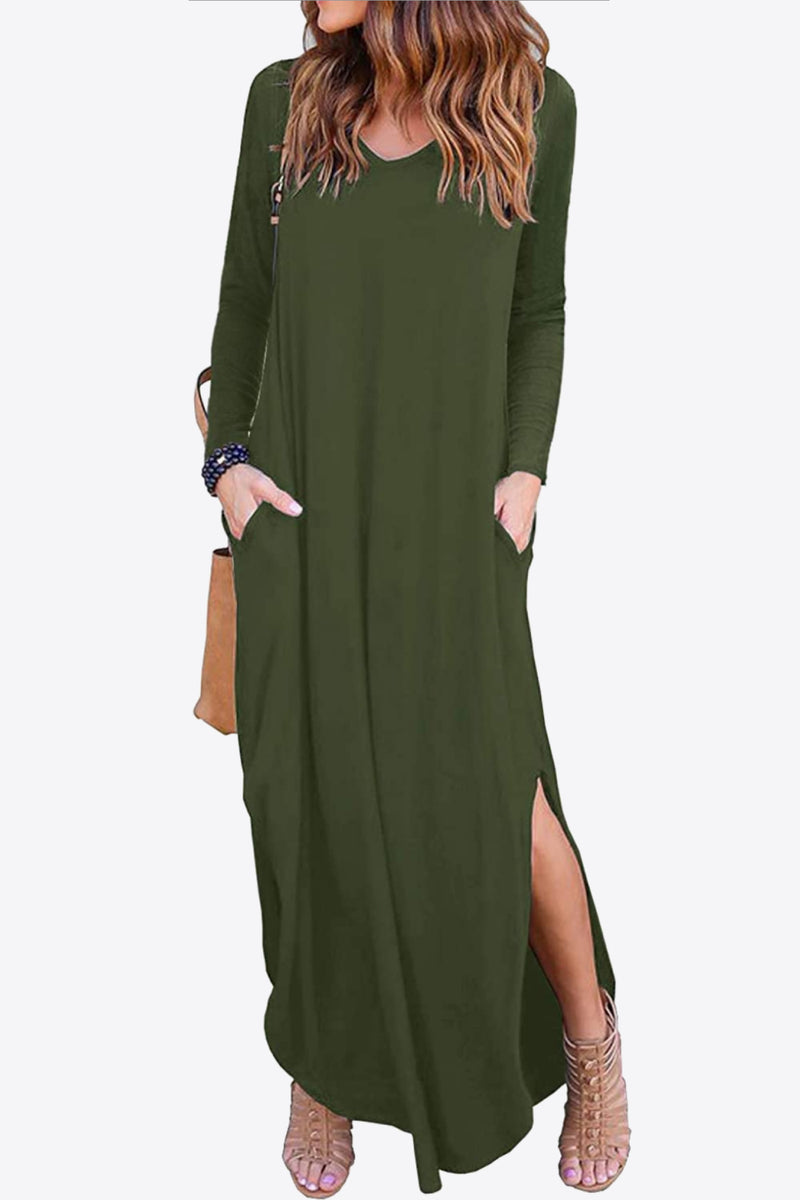 Split Long Sleeve V-Neck Maxi Dress